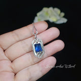 Spacecraft Style Blue Sapphire Necklace - Rectangle Scissor Cut 4.5 CT Deep Blue Sapphire Pendant - White Gold coated Sterling Silver #680