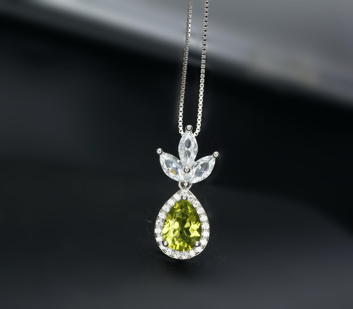 Genuine Peridot Necklace - Natural Green Peridot Pendant - 18KGP @ Sterling Silver - August Birthstone - Three Petal Gemstone Jewelry #465