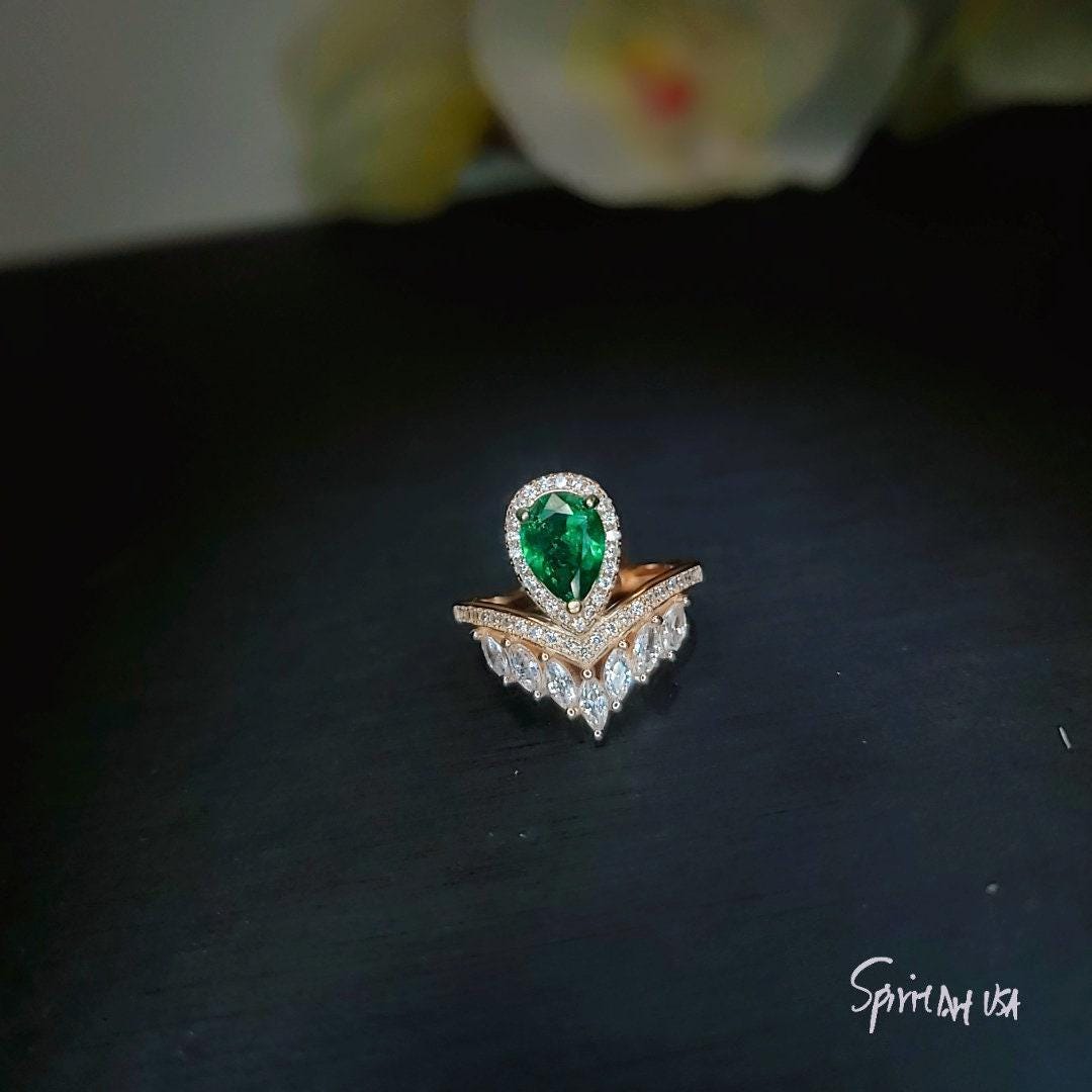 Teardrop Emerald Crown Ring Rose Gold Sterling Silver Royal Green Gemstone Solitaire Statement Mult-stone Promise J Ring 1056