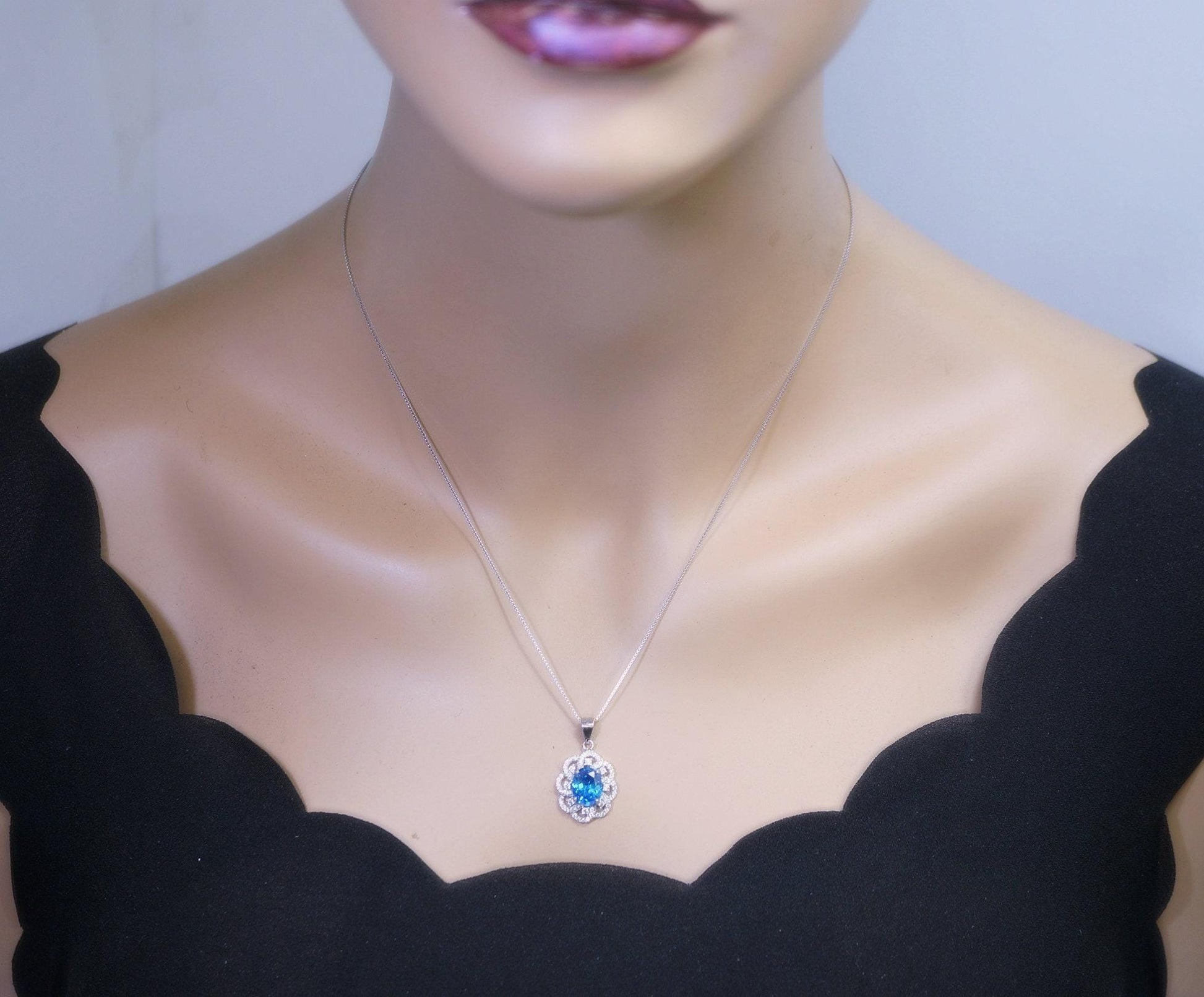 Blue Topaz Necklace - Gemstone Flower Of Life Pendant - 18KGP @ Sterling Silver 2 CT Oval Cut Blue Topaz Pendant - November Birthstone #368