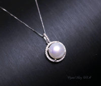 Large Freshwater Pearl Necklace - 925 Sterling Silver Bridal Pearl Necklace - Princess Diana Style Box Chain Halo White Pearl #208