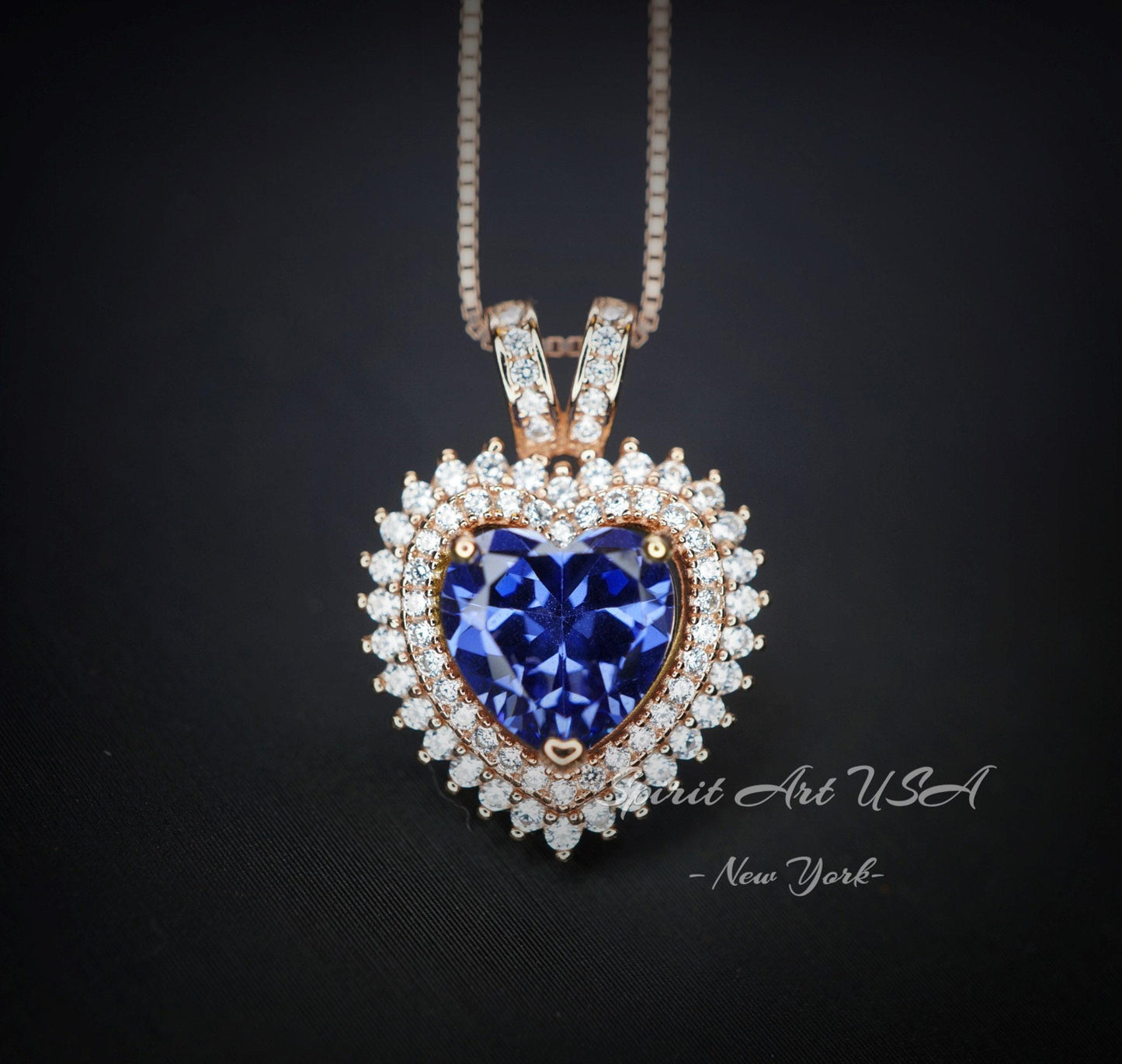 Tanzanite Heart Necklace - 18KGP @ Sterling Silver - Double Halo Heart Tanzanite Pendant - December Birthstone #578