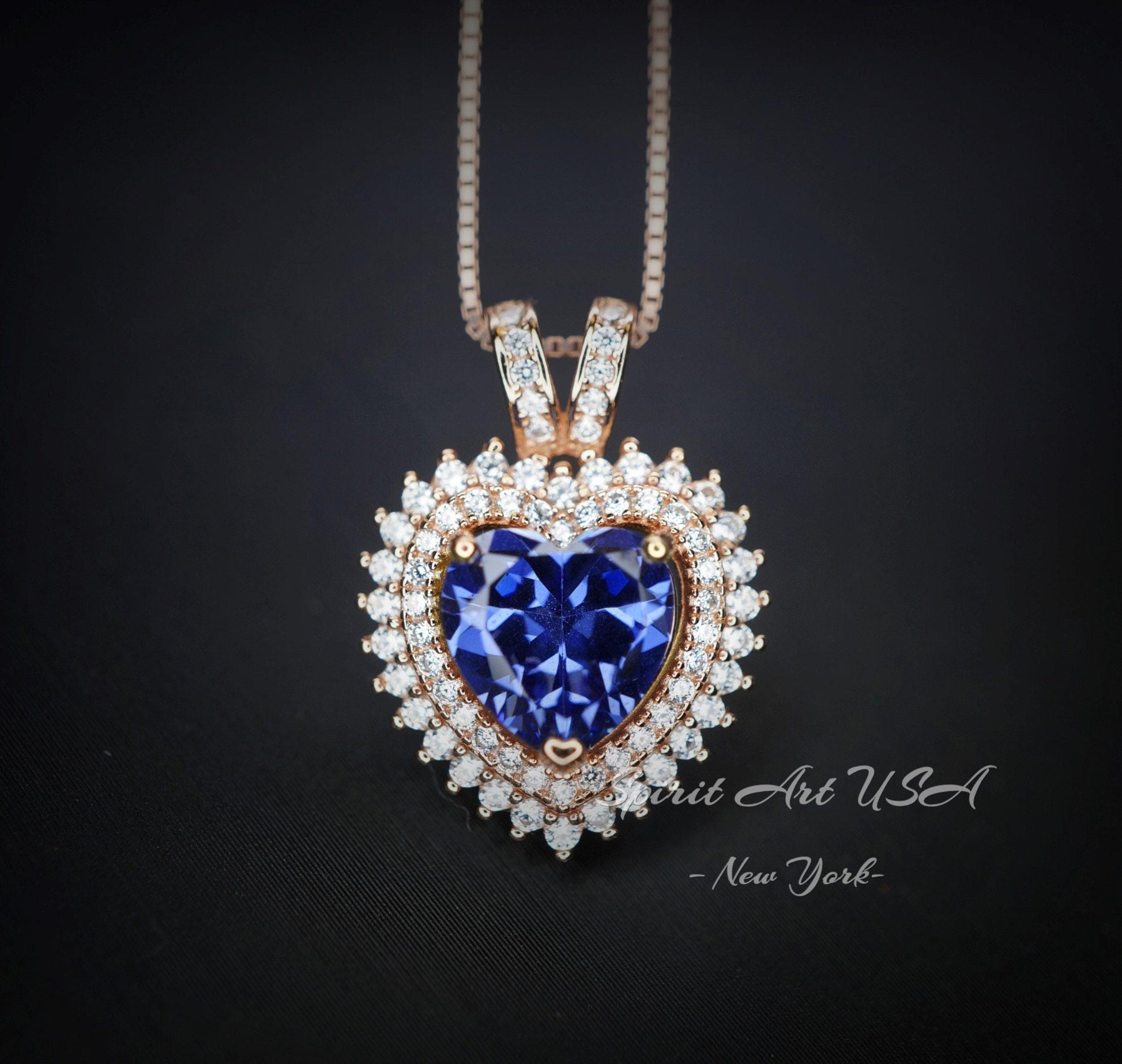 Tanzanite Heart Necklace - 18KGP @ Sterling Silver - Double Halo Heart Tanzanite Pendant - December Birthstone #578