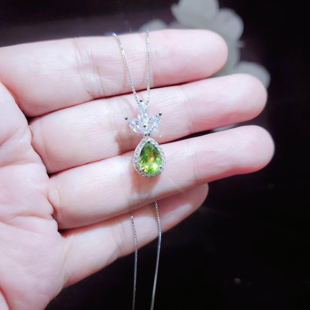 Genuine Peridot Necklace - Natural Green Peridot Pendant - 18KGP @ Sterling Silver - August Birthstone - Three Petal Gemstone Jewelry #465