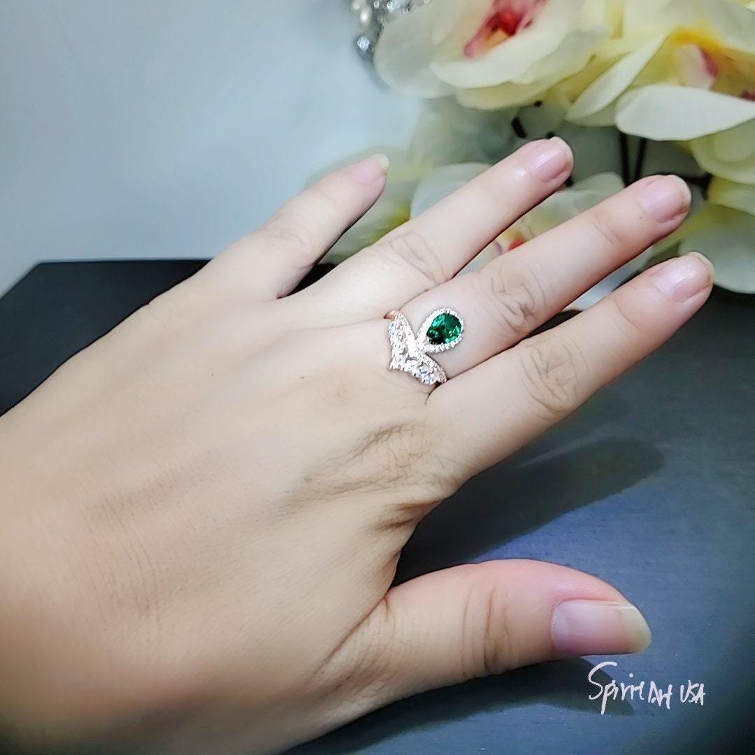 Teardrop Emerald Crown Ring Rose Gold Sterling Silver Royal Green Gemstone Solitaire Statement Mult-stone Promise J Ring 1056