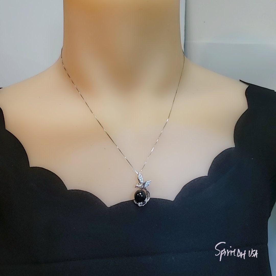 Black Onyx Phoenix Necklace - White Gold plated Sterling Silver - Gemstone Bird Black Gemstone Pendant #508