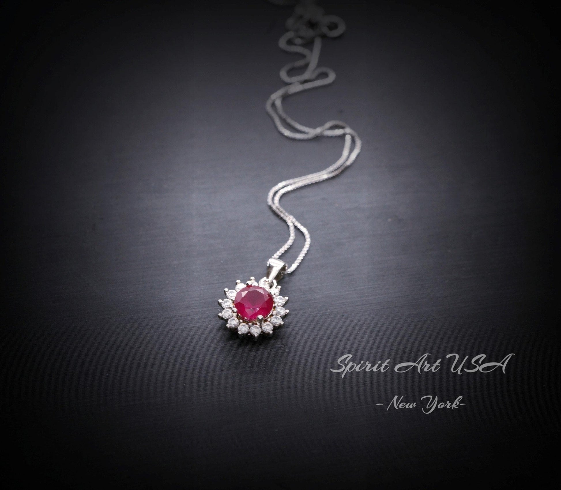 Minimalist Ruby Necklace - 6 mm 0.85 CT Gemstone Sunflower White Gold 925 Silver Princess Diana Style 021