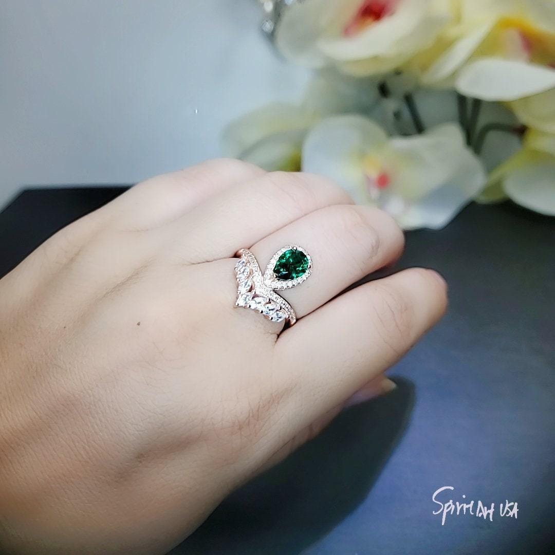 Teardrop Emerald Crown Ring Rose Gold Sterling Silver Royal Green Gemstone Solitaire Statement Mult-stone Promise J Ring 1056
