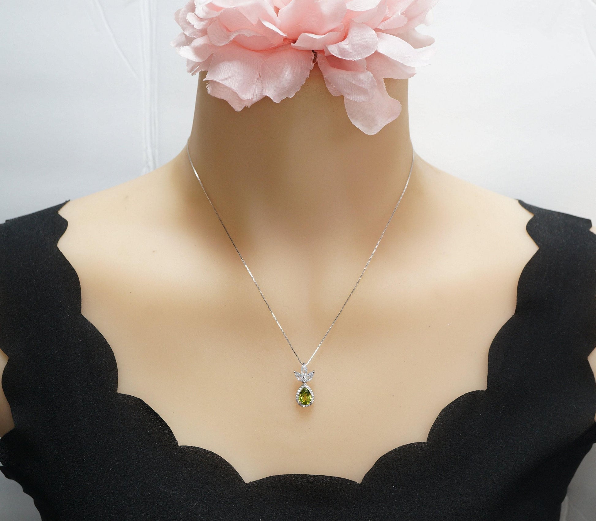 Genuine Peridot Necklace - Natural Green Peridot Pendant - 18KGP @ Sterling Silver - August Birthstone - Three Petal Gemstone Jewelry #465