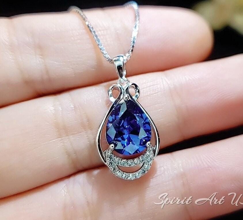 Teardrop Tanzanite Necklace - White gold coated Sterling Silver 2 CT Blue Tanzanite Jewelry #480