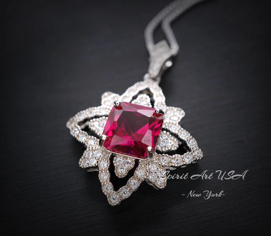 Ruby Necklace Diamond Medal of Honor Flower Necklace Sterling Silver Star Ruby Pendant 3 CT Lab Created Ruby Gemstone Four Petal Flower #514