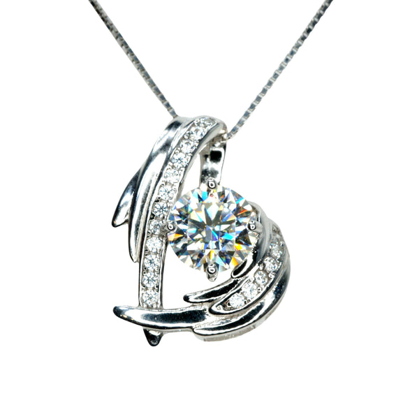 Angel Wing Genuine Moissanite Gemstone Necklace - GRA Certificate Round Cut Moissanite Gemstone Jewelry Pendant 1 CT 6.5 MM D color #887