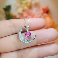 Pink Tourmaline Moon Crescent Necklace - One Necklace Two Wears - White Gold Sterling Silver - Gemstone Moon Necklace #230