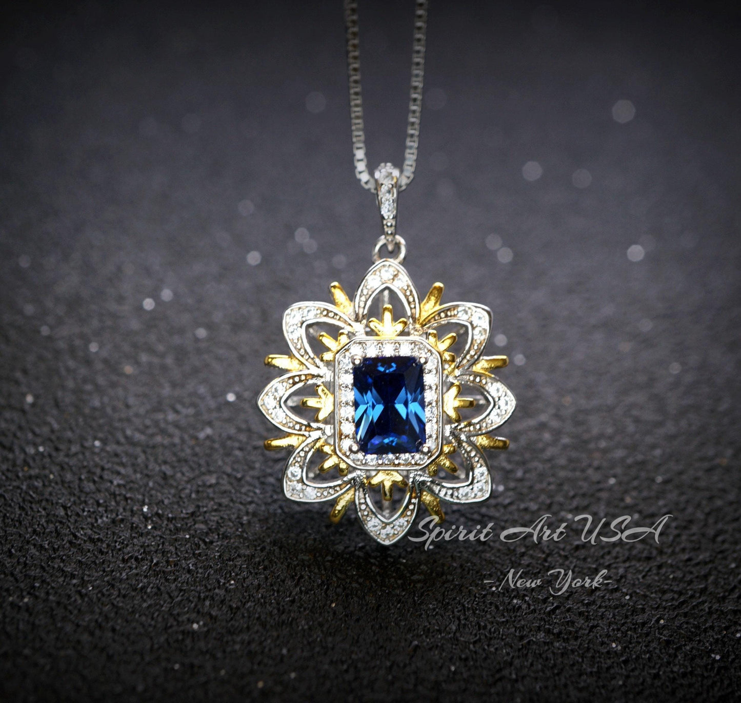 Spirit Flower Blue Sapphire Necklace - Sterling Silver - Rectangle Sapphire Pendant - September Birthstone Goddess Athena Necklace #673