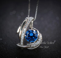 Protective Angel Wing Blue Sapphire Necklace - Sterling Silver White Gold Coated - 2CT Round Cut Blue Sapphire Angel Wing Jewelry #883