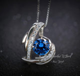 Protective Angel Wing Blue Sapphire Necklace - Sterling Silver White Gold Coated - 2CT Round Cut Blue Sapphire Angel Wing Jewelry #883