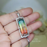 Multi-Color Rainbow Tourmaline Necklace - Sterling Silver Long Diamond Rectangle Watermelon Rainbow Tourmaline Pendant Jewelry Sterling 1078