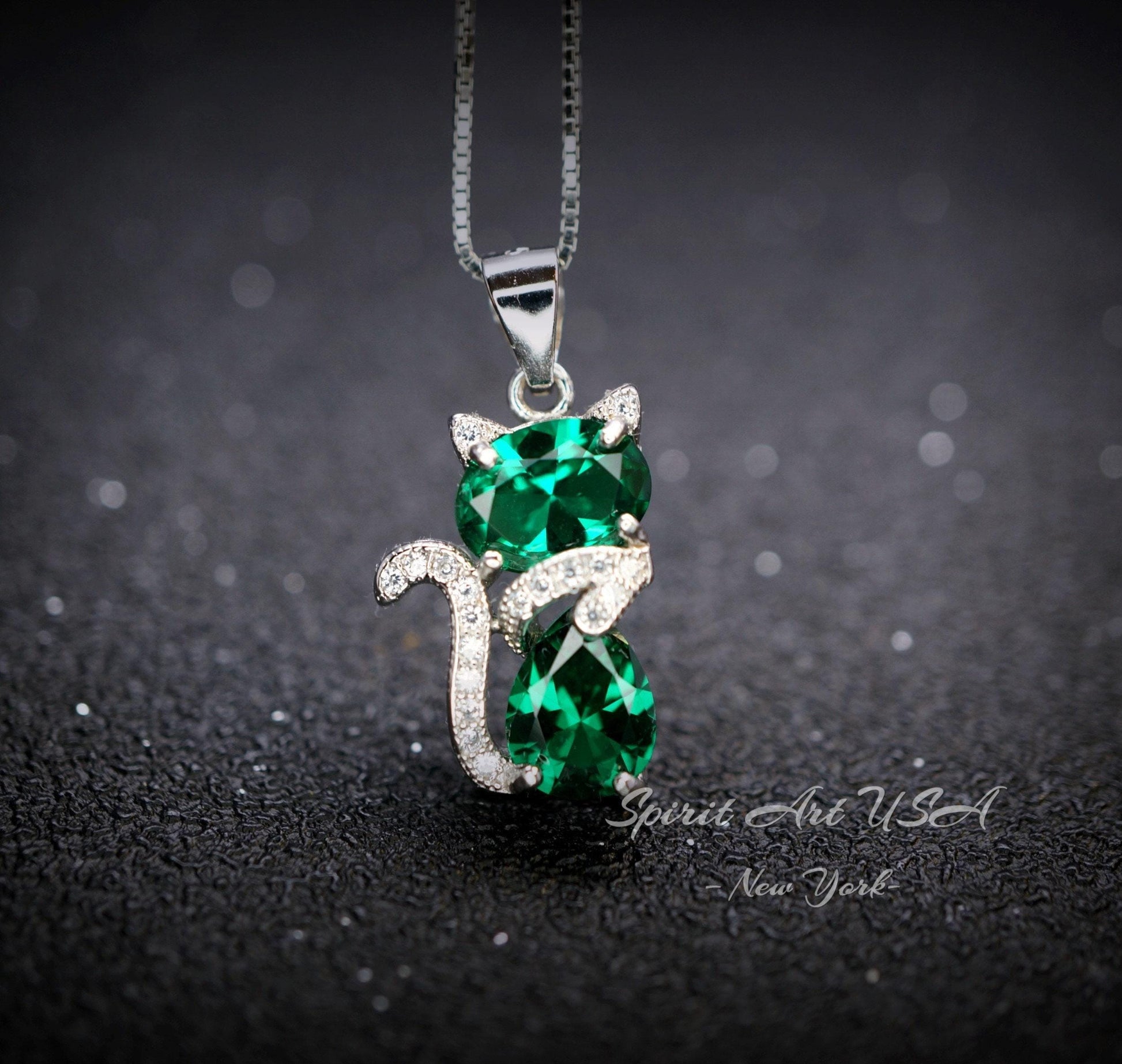 Cat Emerald necklace, Gemstone Kitty Cat Emerald Pendant, Sterling Silver Pet Cat lover gift Kitten Jewelry #217