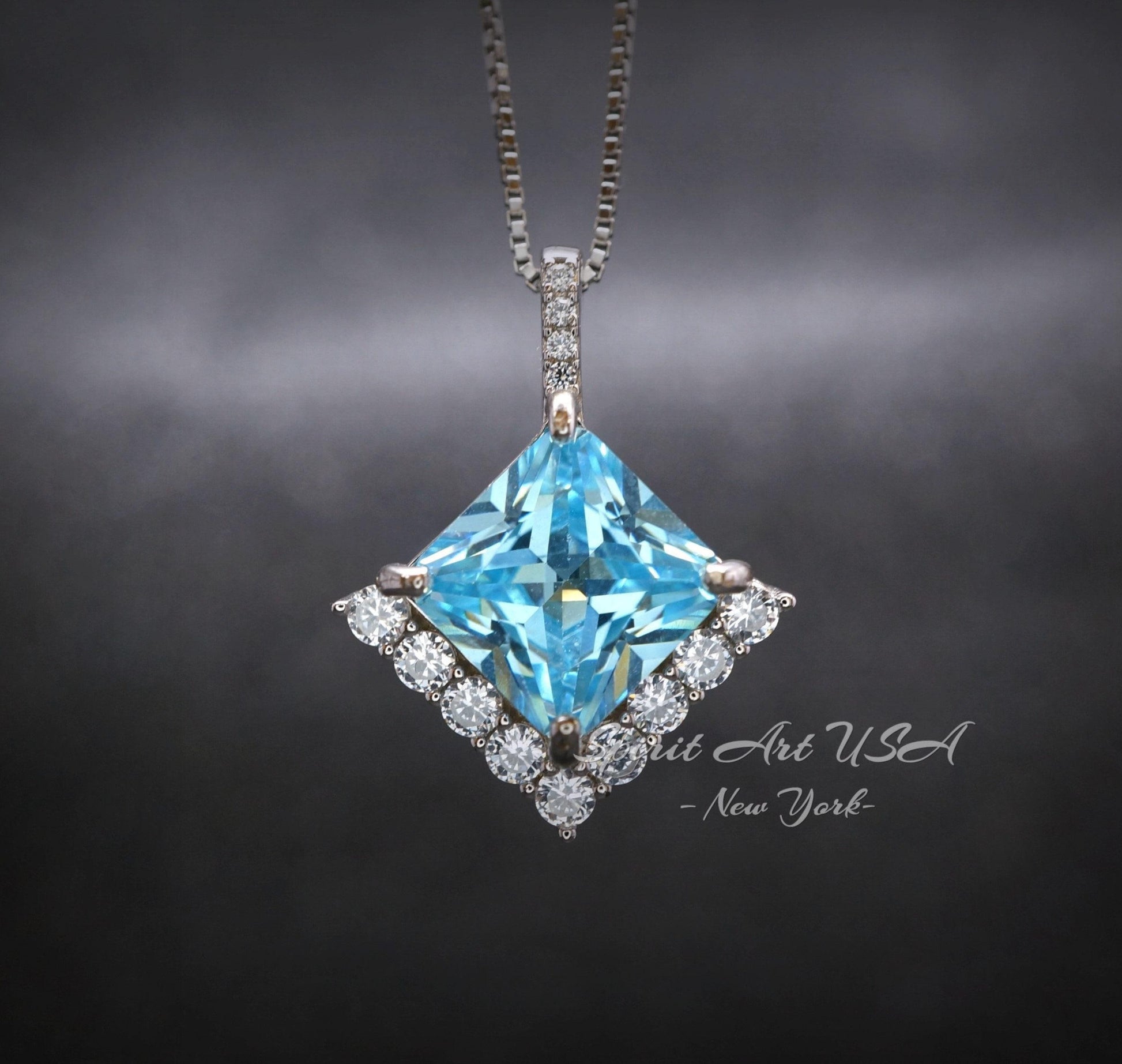 Gemstone Style Blue Aquamarine Necklace - 6.5 CT Square Princess Cut Aquamarine Pendant - 18KGP @ Sterling Silver - March Birthstone #588