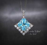 Gemstone Style Blue Aquamarine Necklace - 6.5 CT Square Princess Cut Aquamarine Pendant - 18KGP @ Sterling Silver - March Birthstone #588