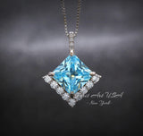 Gemstone Style Blue Aquamarine Necklace - 6.5 CT Square Princess Cut Aquamarine Pendant - 18KGP @ Sterling Silver - March Birthstone #588