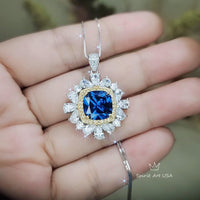 Square Blue Sapphire Necklace - 7 CT Sapphire Pendant - Gemstone Surround Gold Halo Sterling Silver - Large 10 MM Blue Sapphire #806