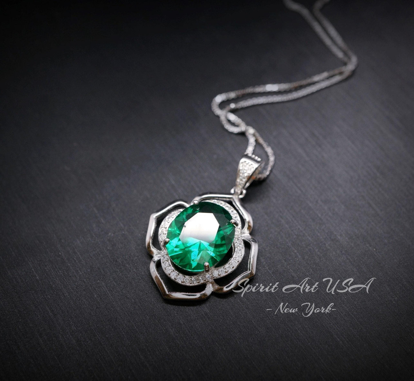 Flower of Life Emerald Necklace Large - Sterling Silver 4 CT Green May Birthstone - Emerald Pendant White Gold Coated #632
