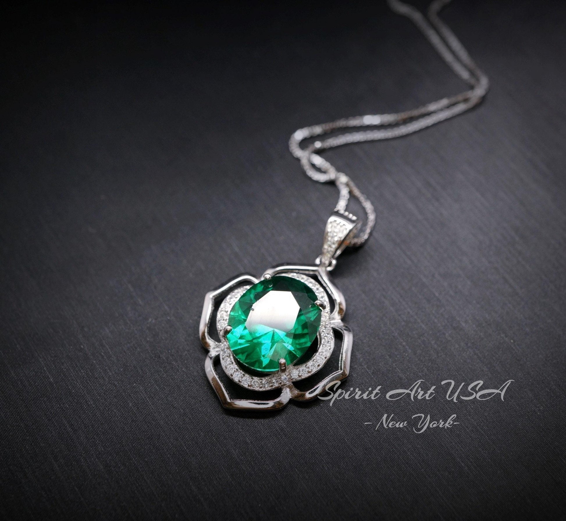 Flower of Life Emerald Necklace Large - Sterling Silver 4 CT Green May Birthstone - Emerald Pendant White Gold Coated #632