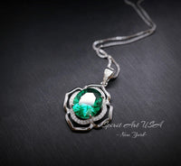Flower of Life Emerald Necklace Large - Sterling Silver 4 CT Green May Birthstone - Emerald Pendant White Gold Coated #632