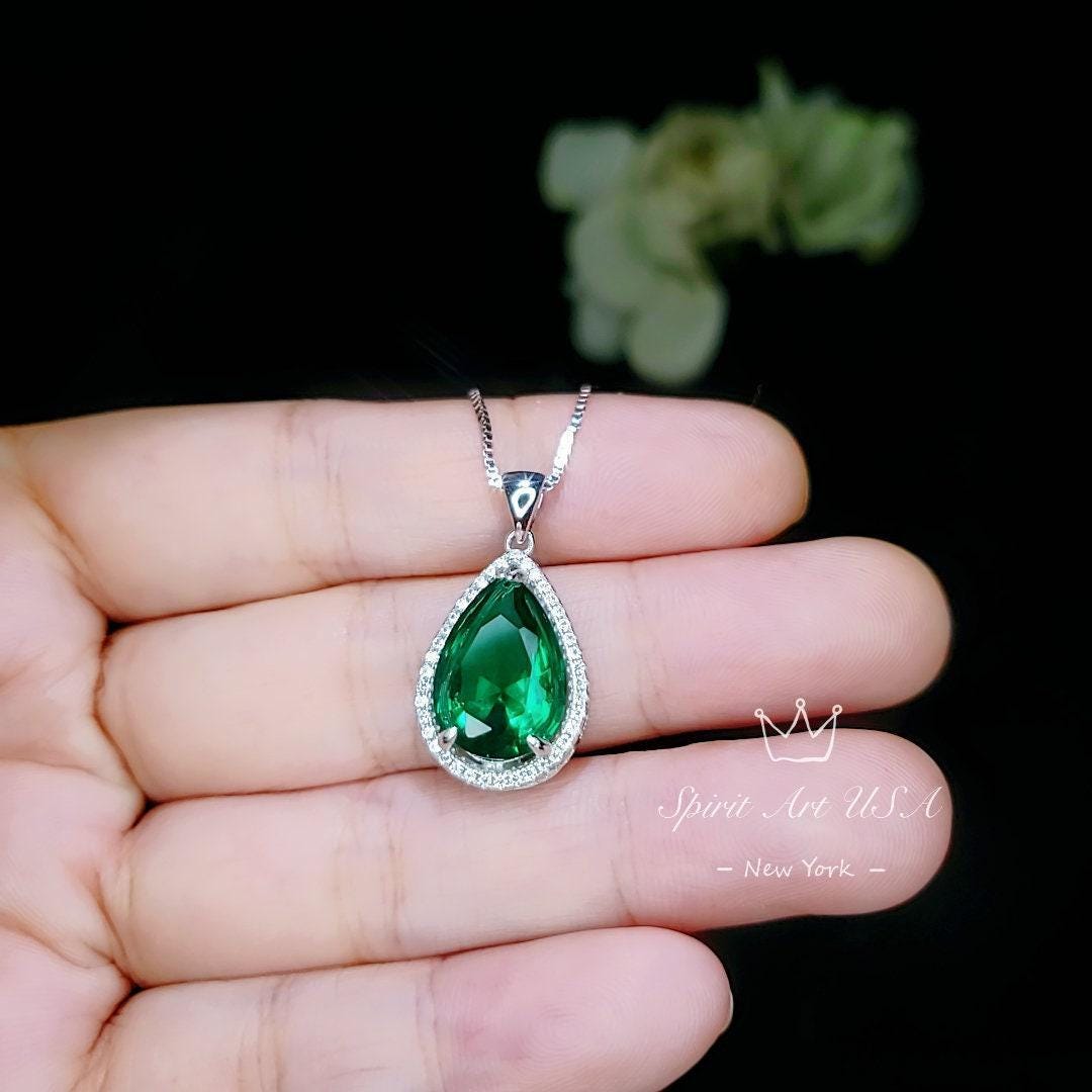 Large Green Emerald Necklace - 6.5 Ct Teardrop Emerald Pendant - White Gold coated Sterling Silver Pear Green Gemstone Jewelry #701