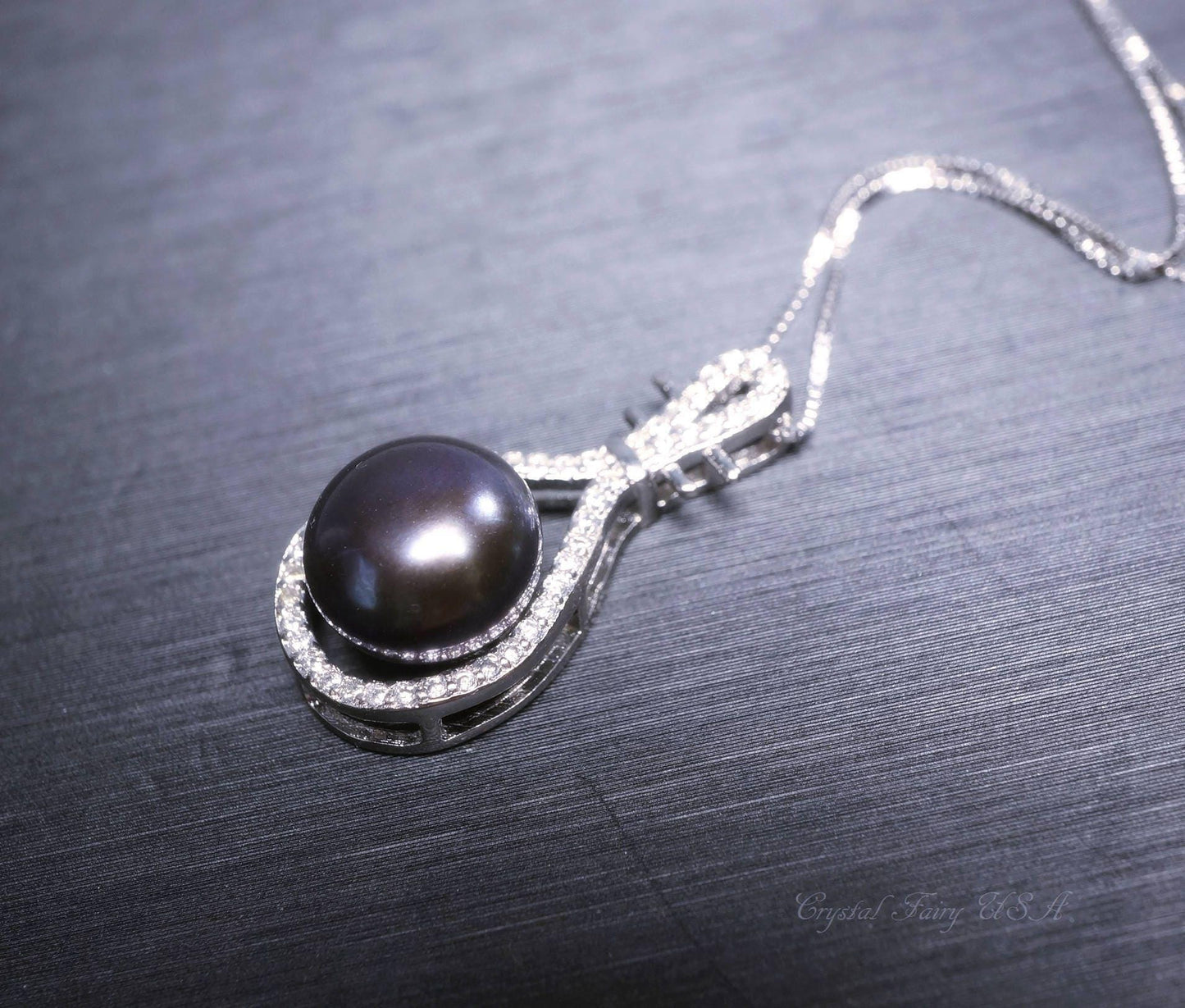 Large Genuine Pearl Necklace, Bridal Wedding High Quality 925 Sterling Silver Black Pearl Jewelry, Lute Musical Instrument Pendant 1085