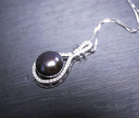 Large Genuine Pearl Necklace, Bridal Wedding High Quality 925 Sterling Silver Black Pearl Jewelry, Lute Musical Instrument Pendant 1085