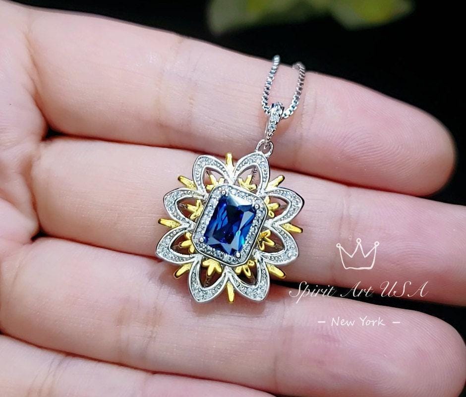Spirit Flower Blue Sapphire Necklace - Sterling Silver - Rectangle Sapphire Pendant - September Birthstone Goddess Athena Necklace #673