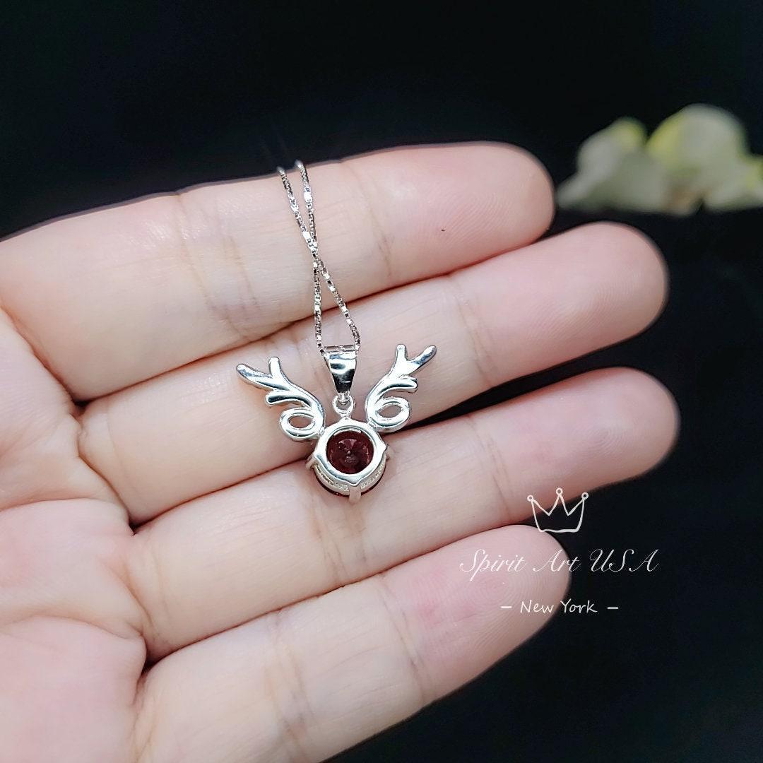 Deer Antler Garnet Necklace - Sterling Silver 8mm Round Cut 2 Ct Garnet Pendant - January Birthstone #341
