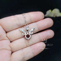 Gemstone Deer Antler Garnet Necklace - Sterling Silver 8mm Round Cut 2 Ct Garnet Pendant - January Birthstone #341