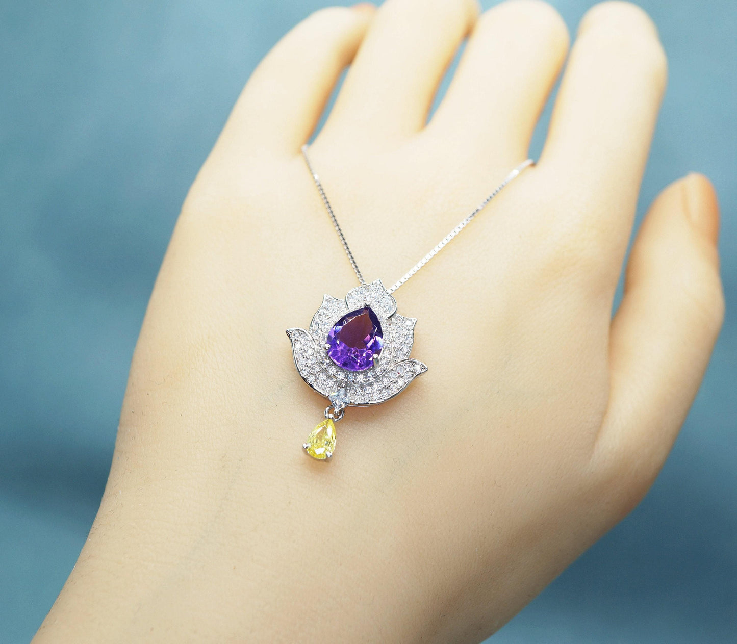 Amethyst Necklace - Lotus Flower Pendant - 18kGP @ Sterling Silver Teardrop Halo Genuine Amethyst Pendant February Birthstone #924