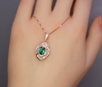 Double Halo Gemstone Rose Gold Emerald Necklace Sterling Silver Flower of Life 1 ct Green Gemstone Pendant Dainty Emerald Pendant #370