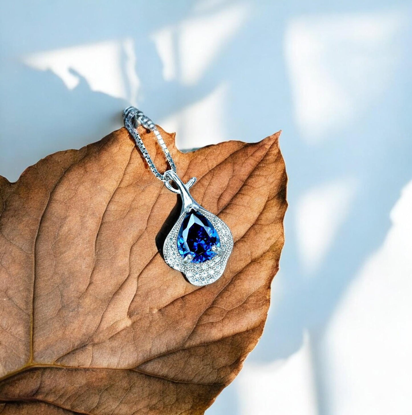 Blue Sapphire Petal Necklace Sterling Silver White Gold Plated - 2.5 CT Teardrop Blue Sapphire Pendant - Gemstone Petal Flower Jewelry #486