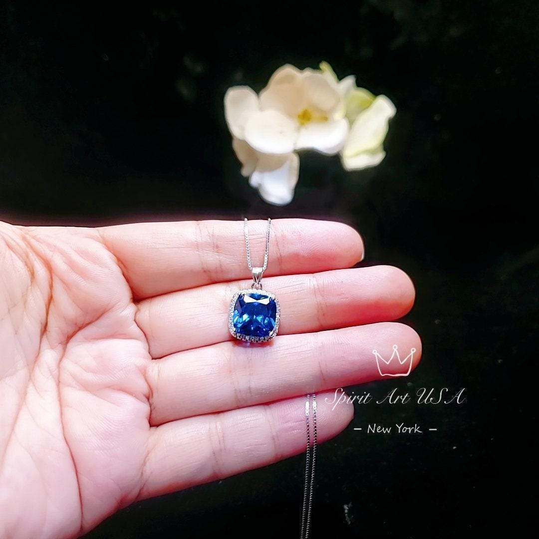 Large Radiant Blue Sapphire Necklace - 925 Sterling Silver Made Sim Gemstone White Gold September Birthday Blue Gemstone Jewelry #549