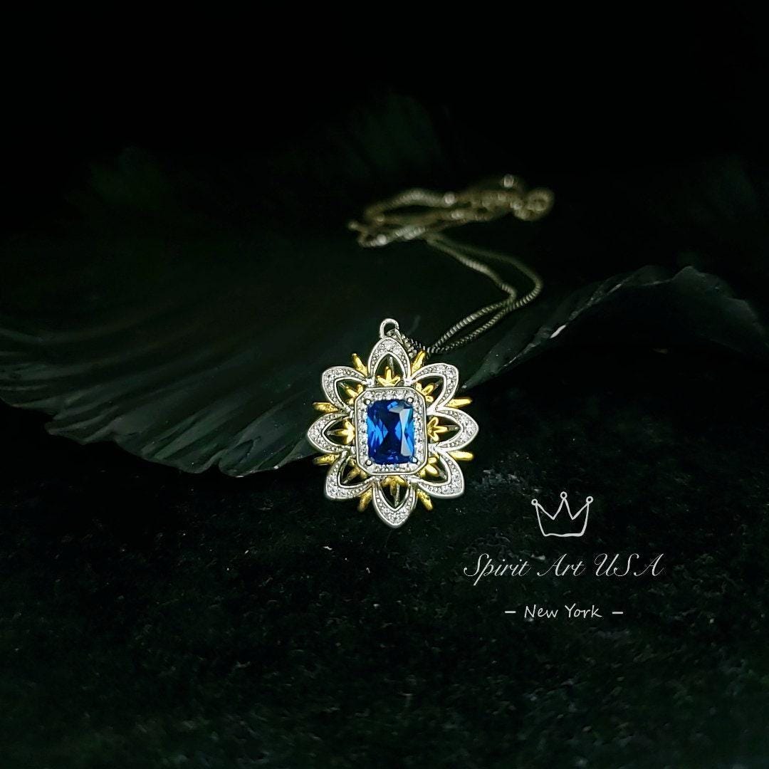 Spirit Flower Blue Sapphire Necklace - Sterling Silver - Rectangle Sapphire Pendant - September Birthstone Goddess Athena Necklace #673