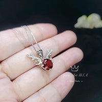 Gemstone Deer Antler Garnet Necklace - Sterling Silver 8mm Round Cut 2 Ct Garnet Pendant - January Birthstone #341