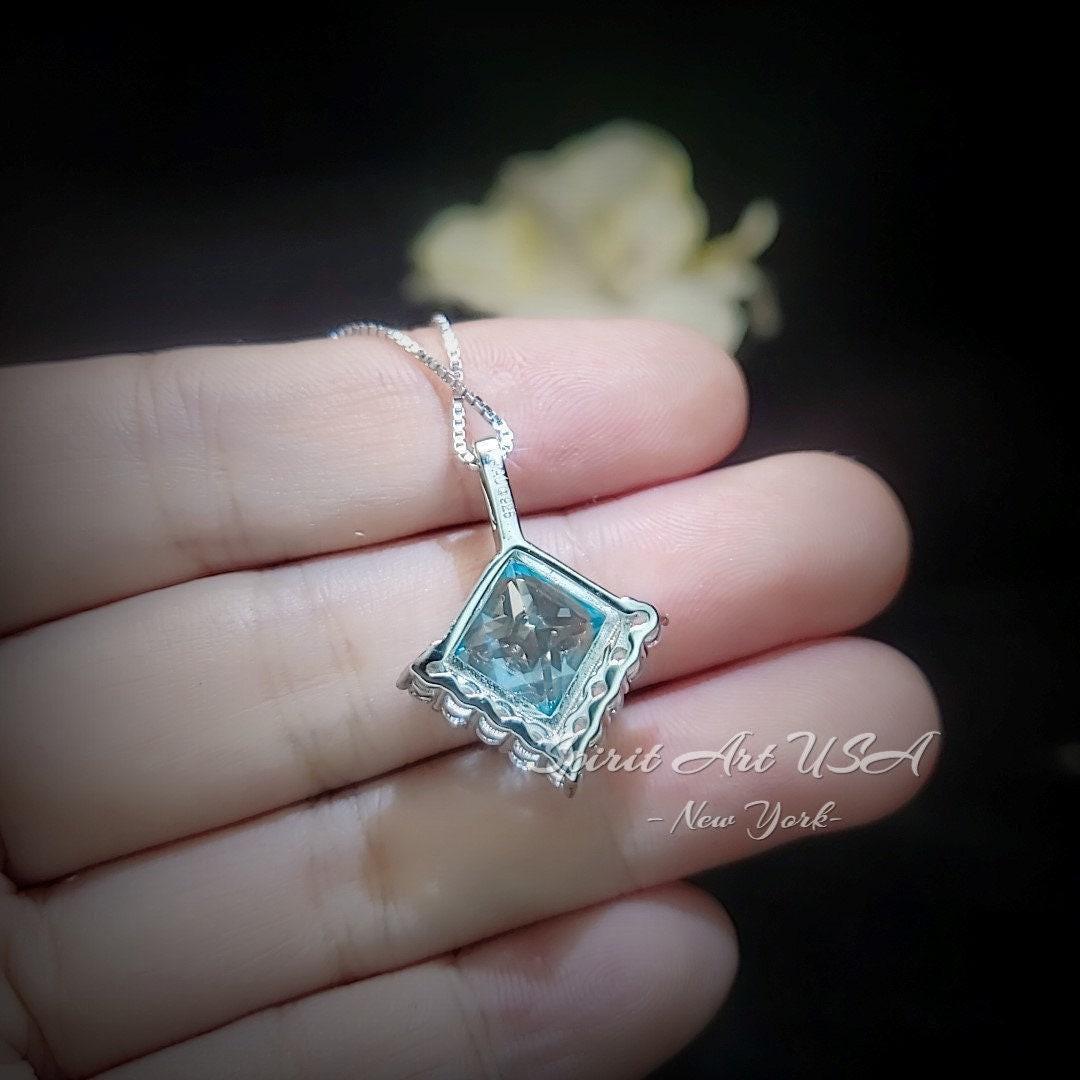 Gemstone Style Blue Aquamarine Necklace - 6.5 CT Square Princess Cut Aquamarine Pendant - 18KGP @ Sterling Silver - March Birthstone #588