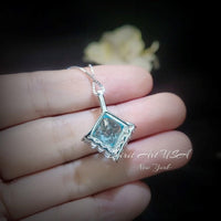 Gemstone Style Blue Aquamarine Necklace - 6.5 CT Square Princess Cut Aquamarine Pendant - 18KGP @ Sterling Silver - March Birthstone #588