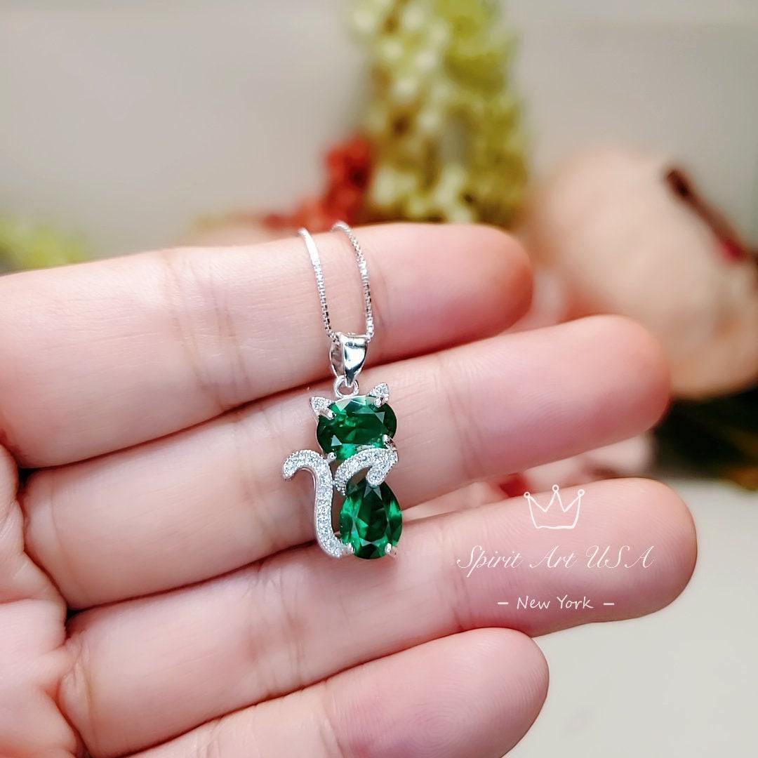 Cat Emerald necklace, Gemstone Kitty Cat Emerald Pendant, Sterling Silver Pet Cat lover gift Kitten Jewelry #217