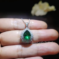 Double Halo Teardrop Emerald Necklace - 18KGP Sterling Silver - 2.75 CT Large Nano Green Emerald Pendant - Gemstone Pear Jewelry #681