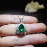 Double Halo Teardrop Emerald Necklace - 18KGP Sterling Silver - 2.75 CT Large Nano Green Emerald Pendant - Gemstone Pear Jewelry #681