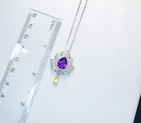 Amethyst Necklace - Gemstone Lotus Flower Pendant - 18kGP @ Sterling Silver -Teardrop Halo Genuine Amethyst Pendant #924