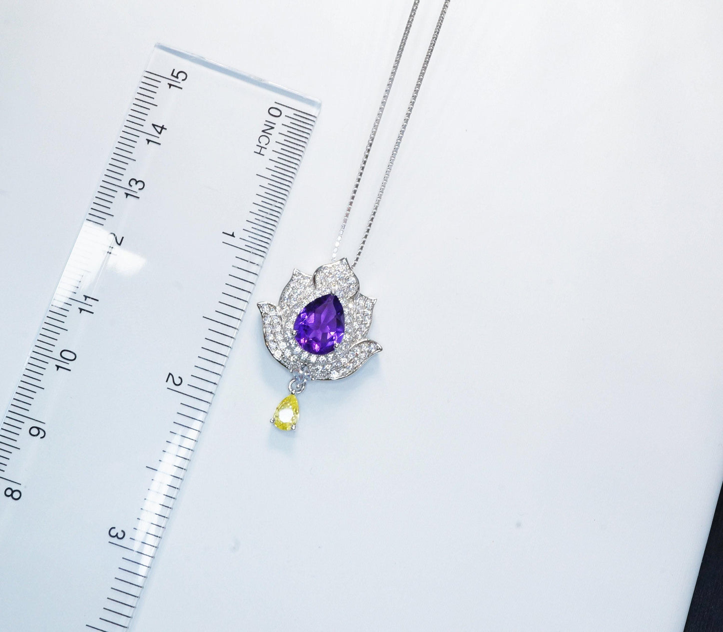 Amethyst Necklace - Lotus Flower Pendant - 18kGP @ Sterling Silver Teardrop Halo Genuine Amethyst Pendant February Birthstone #924