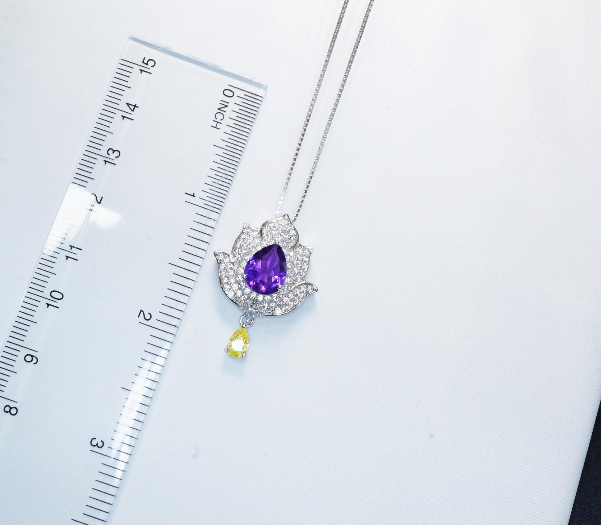 Amethyst Necklace - Lotus Flower Pendant - 18kGP @ Sterling Silver Teardrop Halo Genuine Amethyst Pendant February Birthstone #924