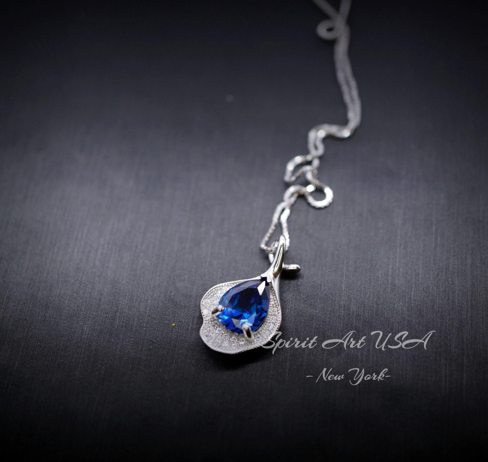 Blue Sapphire Petal Necklace Sterling Silver White Gold Plated - 2.5 CT Teardrop Blue Sapphire Pendant - Gemstone Petal Flower Jewelry #486